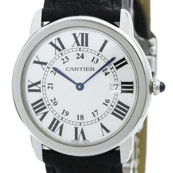 CARTIER Ronde Solo LM Steel Leather Quartz Mens Watch W6700255 Polished